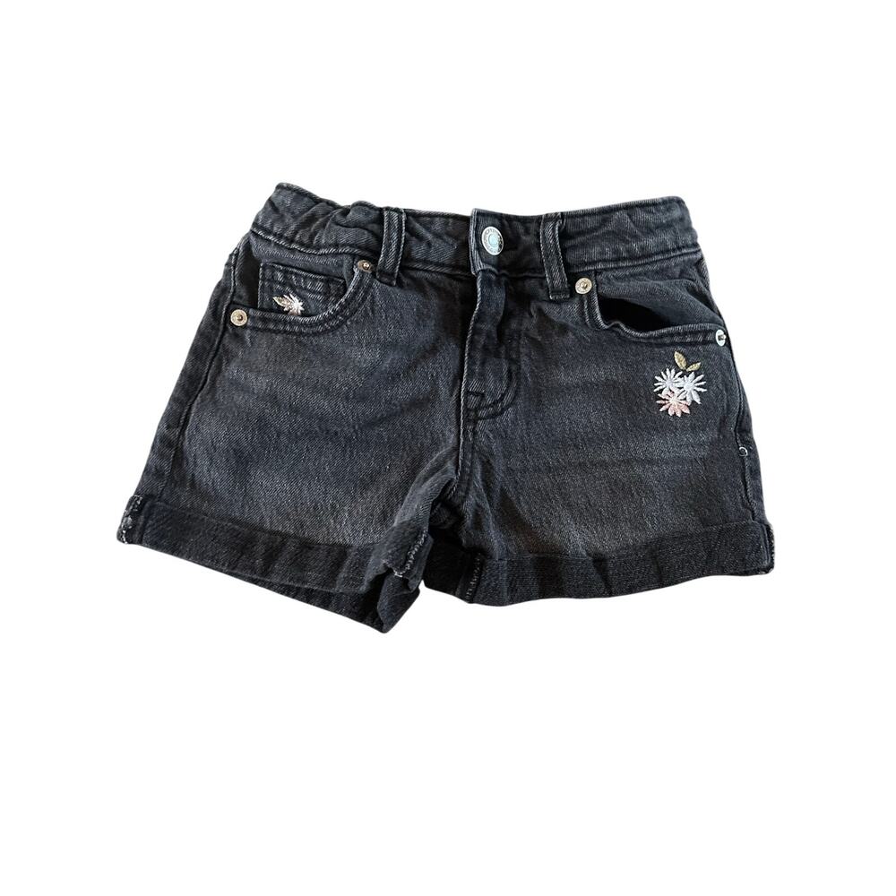 Cat & Jack Girls Size 6/7 Black Denim Shorts Floral Embroidered Cuffed
